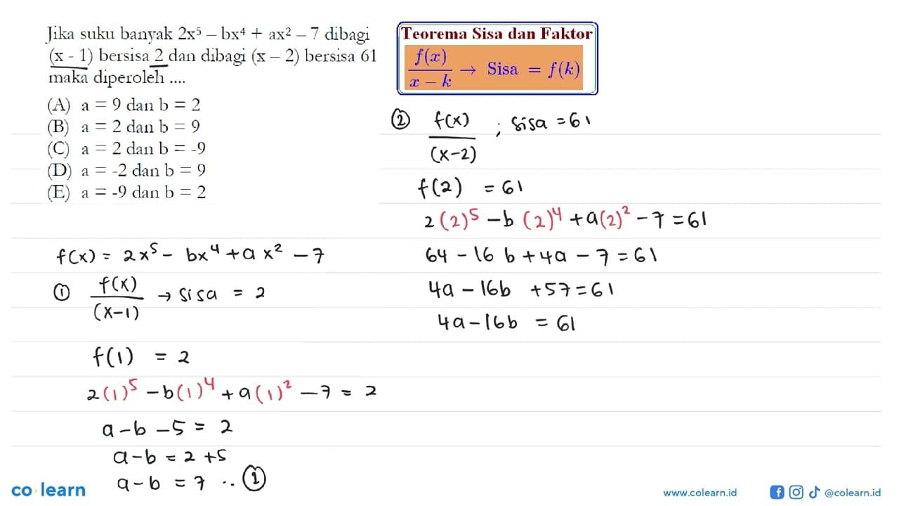 Jika suku banyak 2x^5+bx^4+ax^2-7 dibagi (x-1) bersisa 2