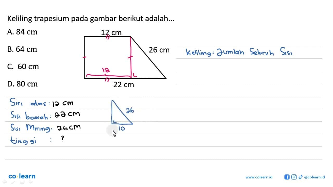 Keliling trapesium pada gambar berikut adalah... 12 cm 26