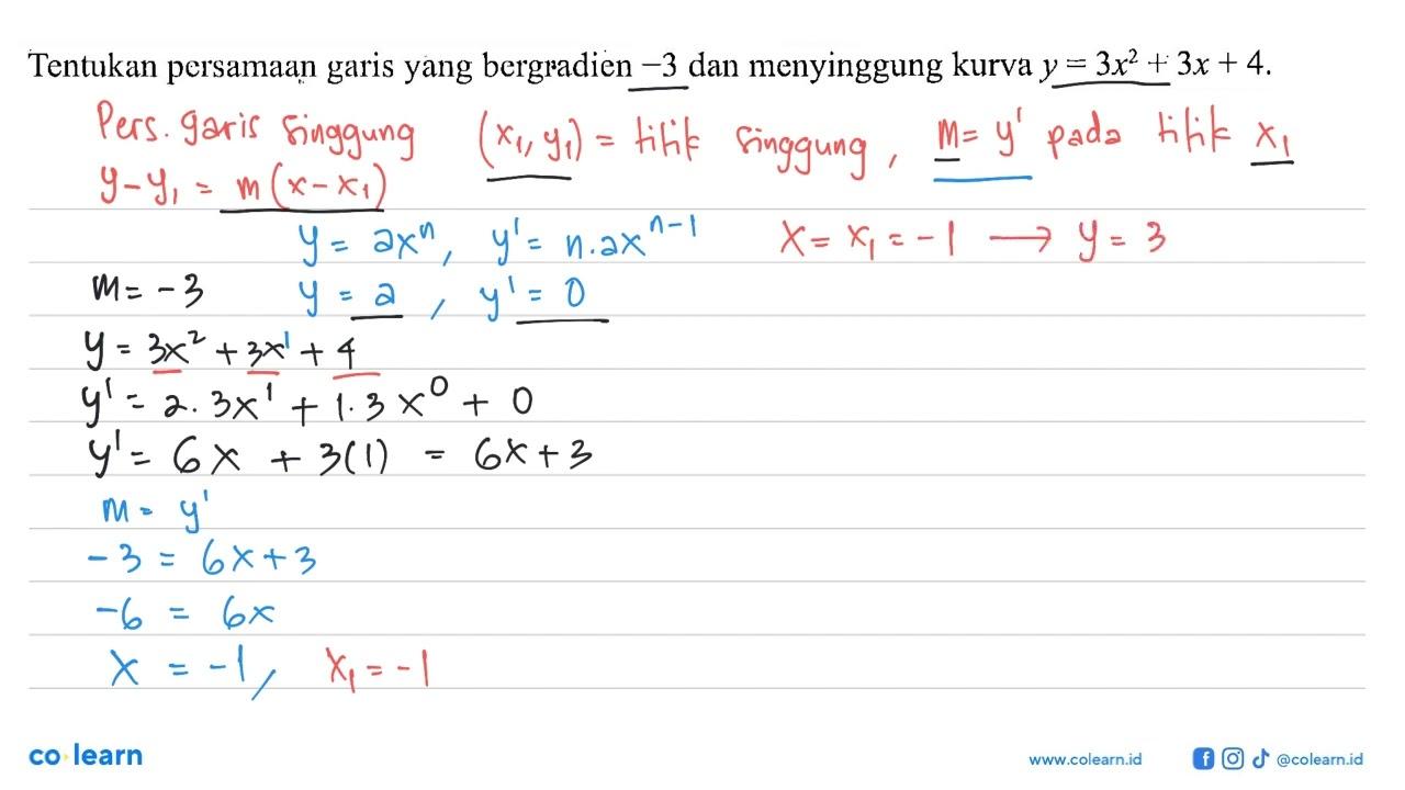 Tentukan persamaan garis yang bergradien -3 dan menyinggung