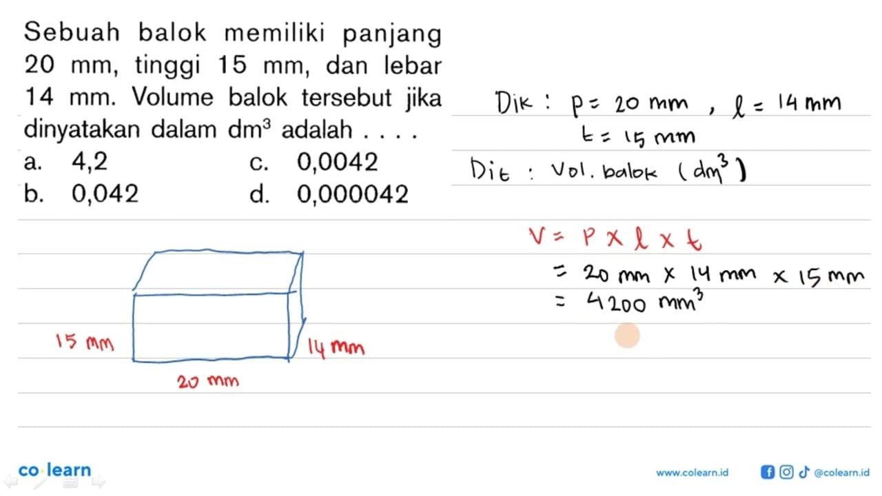 Sebuah balok memiliki panjang 20 mm, tinggi 15 mm, dan