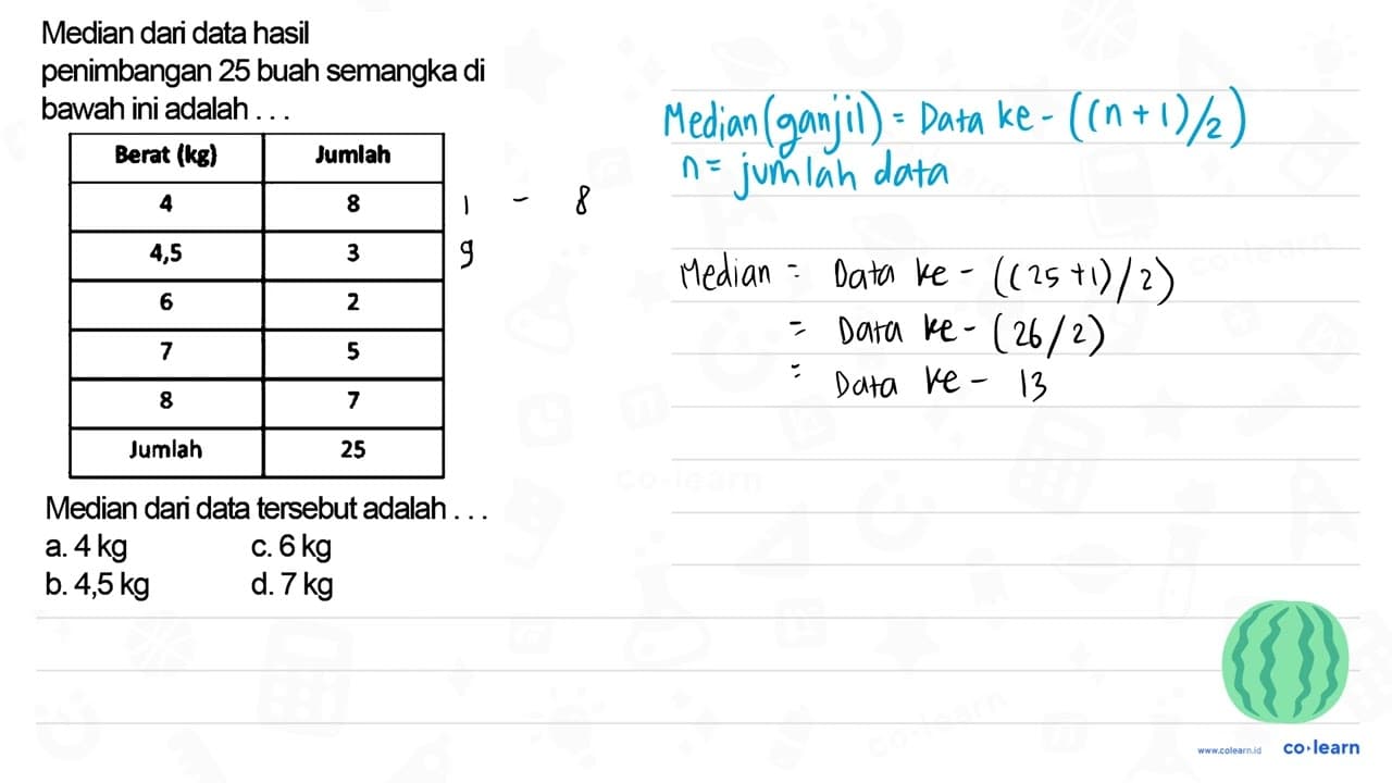 Median dari data hasil penimbangan 25 buah semangka di