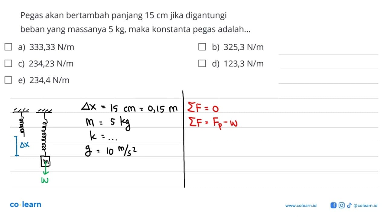 Pegas akan bertambah panjang 15 cm jika digantungi beban