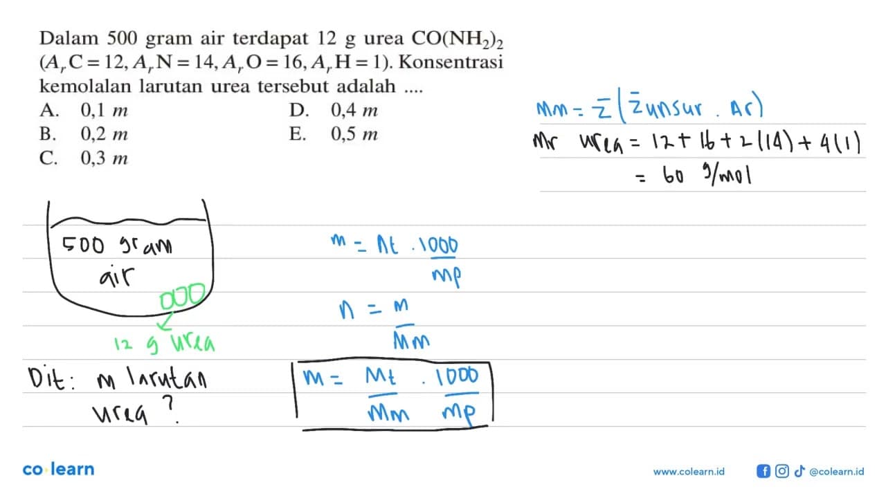 Dalam 500 gram air terdapat 12 g urea CO(NH2)2 (Ar C = 12,