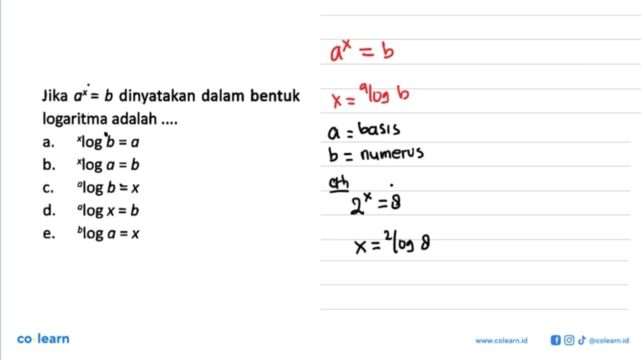 Jika a^x=b dinyatakan dalam bentuk logaritma adalah ....