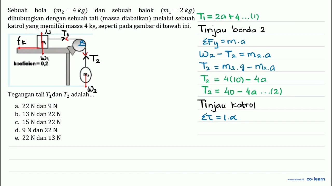 Sebuah bola (m_{2}=4 kg) dan sebuah balok (m_{1}=2 kg)