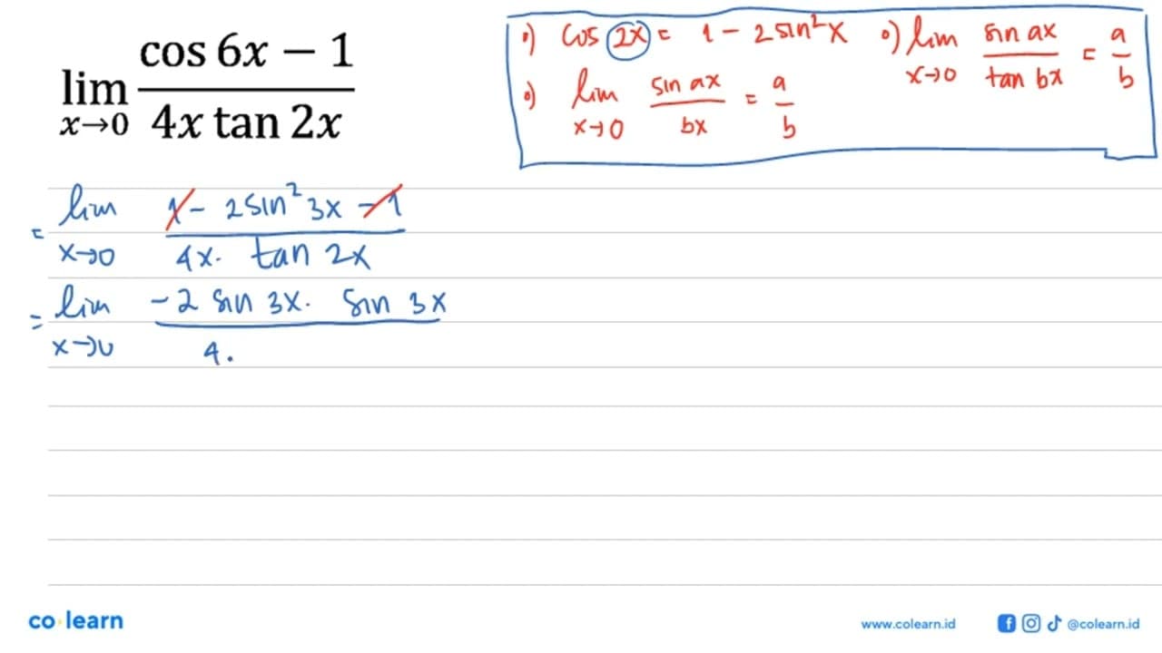 lim x->0 (cos 6x-1)/(4x tan 2x)