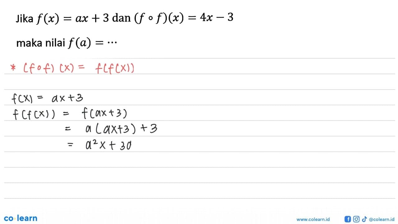 Jika f(x)=ax+3 dan (f o f)(x)=4x-3 maka nilai f(a)=....