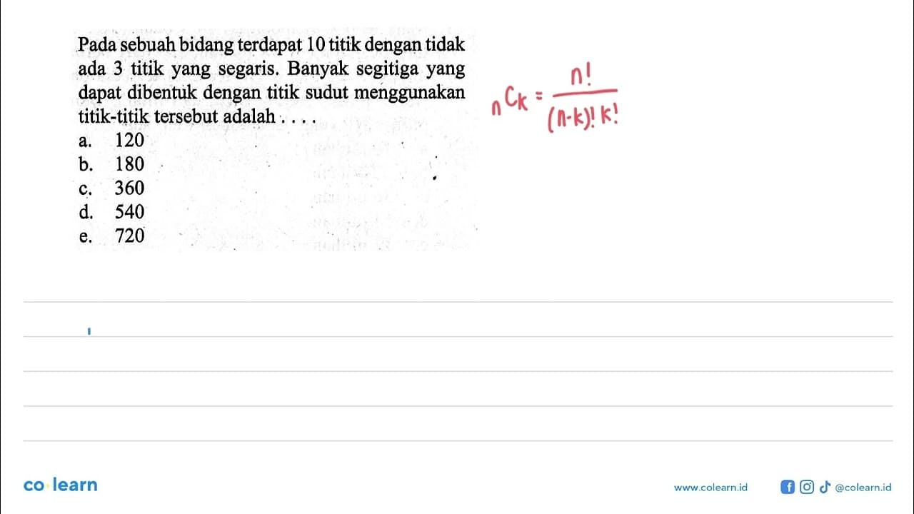 Pada sebuah bidang terdapat 10 titik dengan tidak ada 3