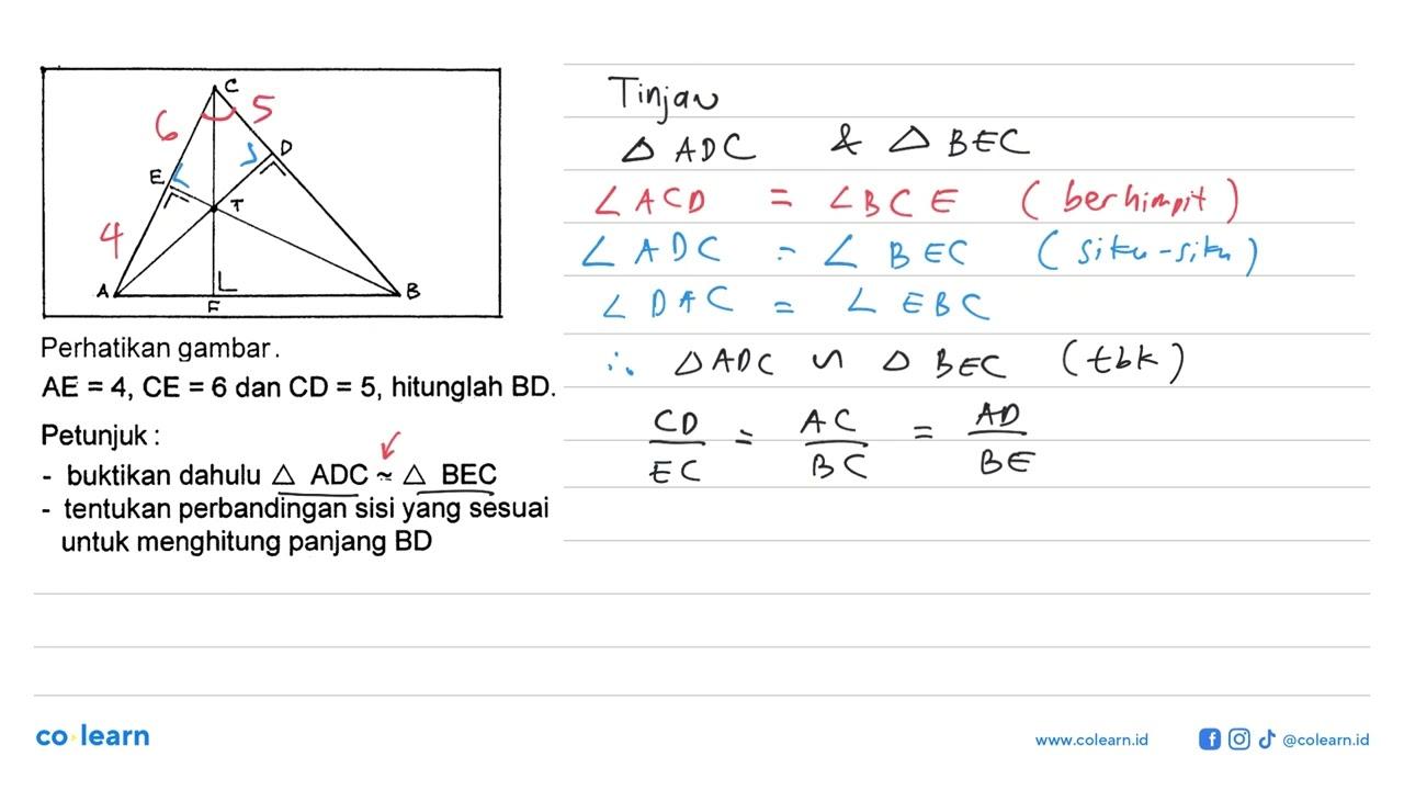 C E D T A B Perhatikan gambar. AE=4, CE=6 dan CD=5,