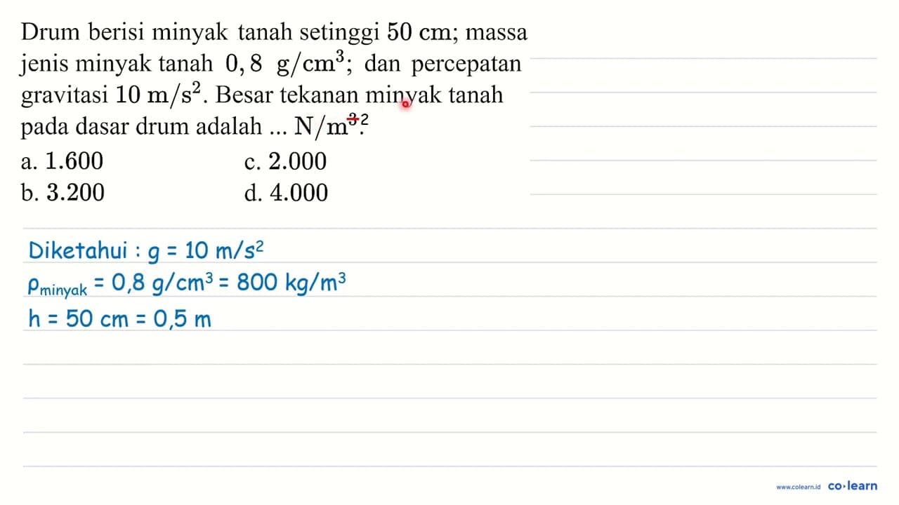 Drum berisi minyak tanah setinggi 50 cm ; massa jenis