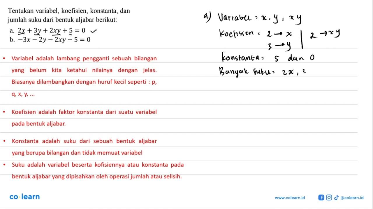 Tentukan variabel, koefisien, konstanta, dan jumlah suku