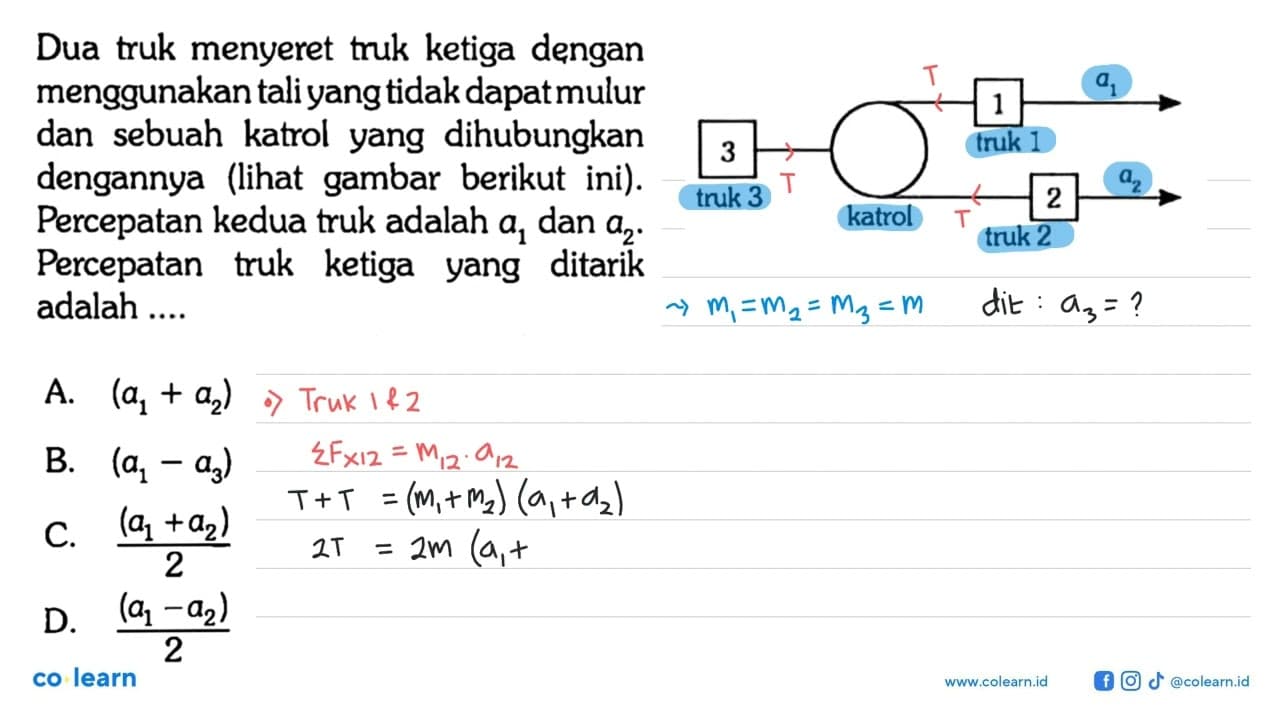 Dua truk menyeret truk ketiga dengan menggunakan tali yang