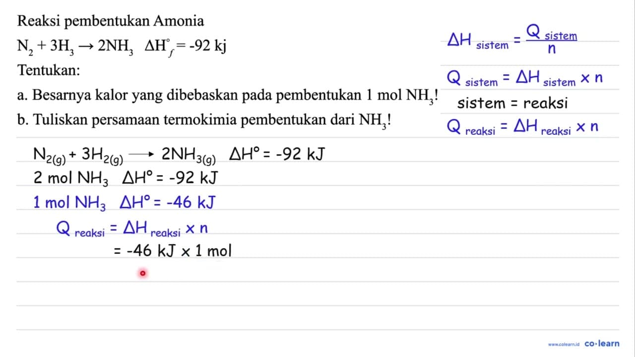 Reaksi pembentukan Amonia N_(2)+3 H_(3) -> 2 NH_(3) Delta