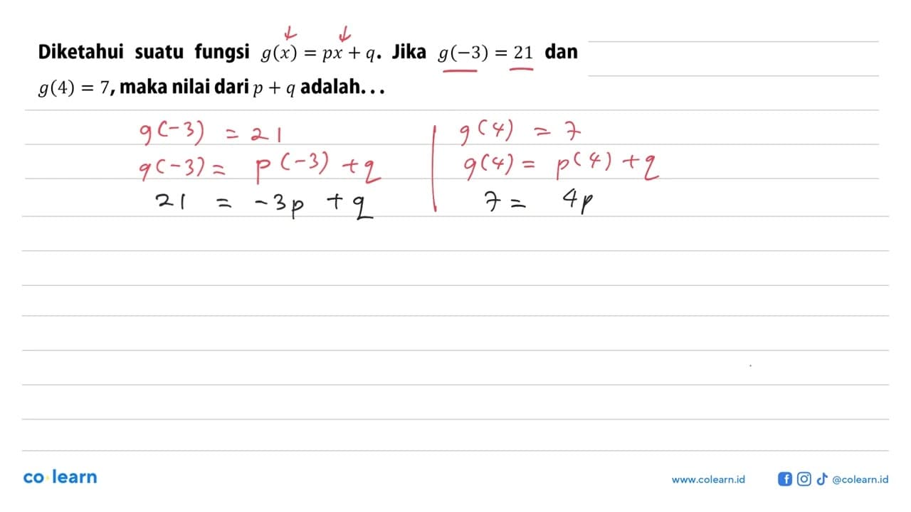 Diketahui suatu fungsi g(x) = px + q. Jika g(-3) = 21 dan