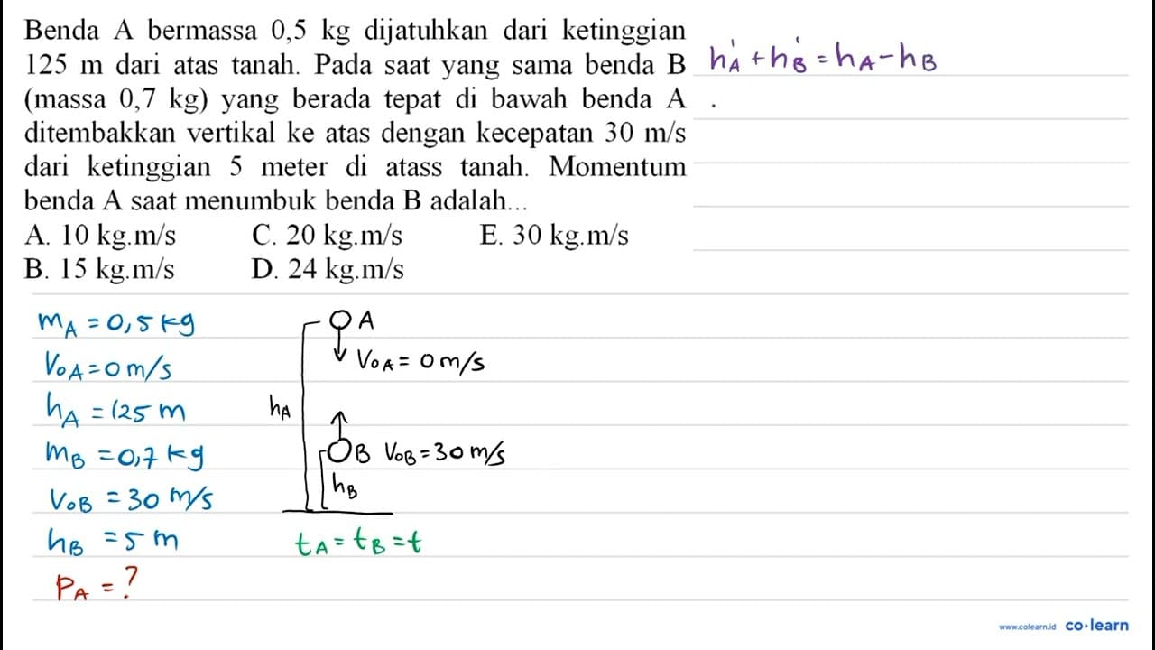 Benda A bermassa 0,5 kg dijatuhkan dari ketinggian 125 m