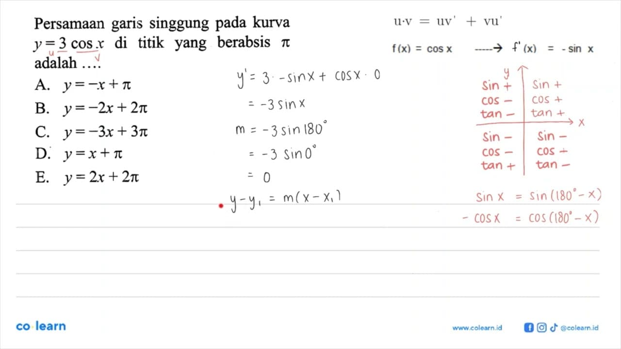 Persamaan garis singgung pada kurva y=3 cos x di titik yang