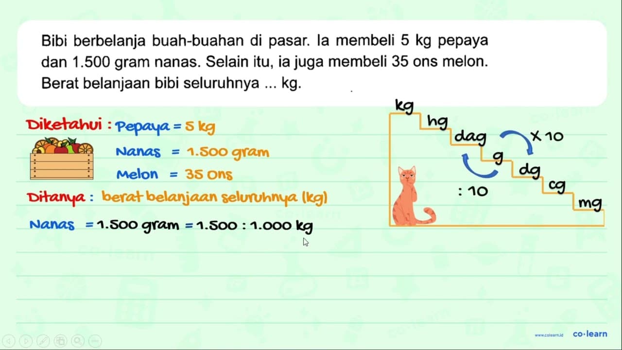 Bibi berbelanja buah-buahan di pasar. la membeli 5 kg