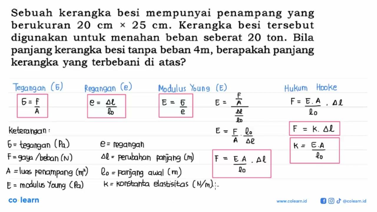 Sebuah kerangka besi mempunyai penampang yang berukuran 20