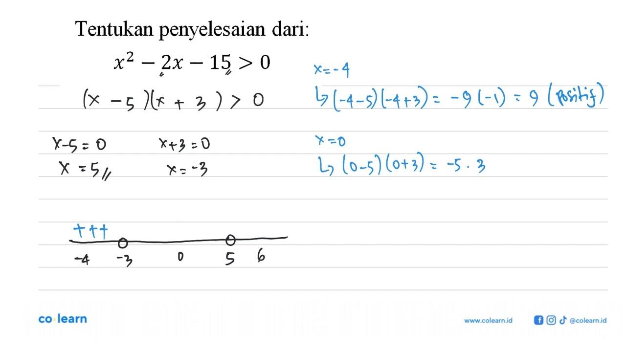 Tentukan penyelesaian dari: x^2-2x-15>0