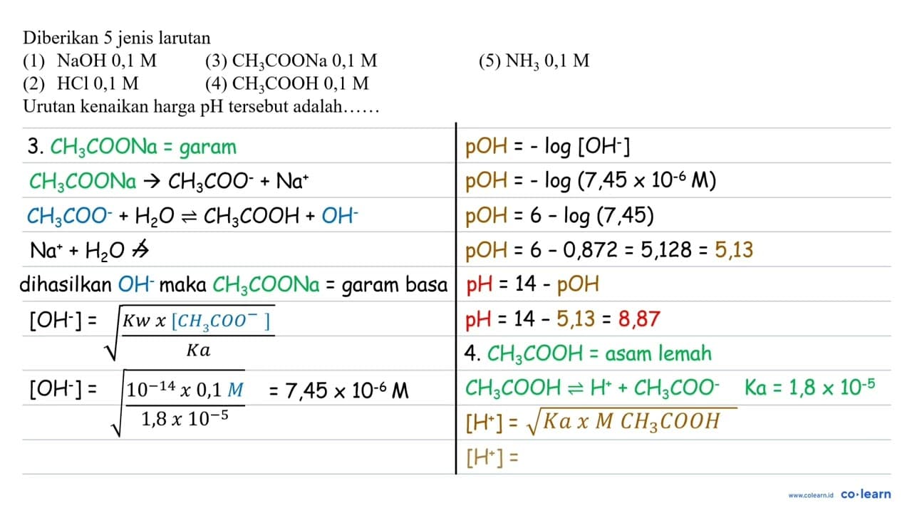Diberikan 5 jenis larutan (1) NaOH 0,1 M (2) HCl 0,1 M (3)