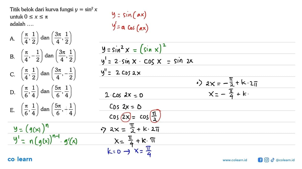 Titik belok dari kurva fungsi y=sin^2(x) untuk 0<=x<=pi