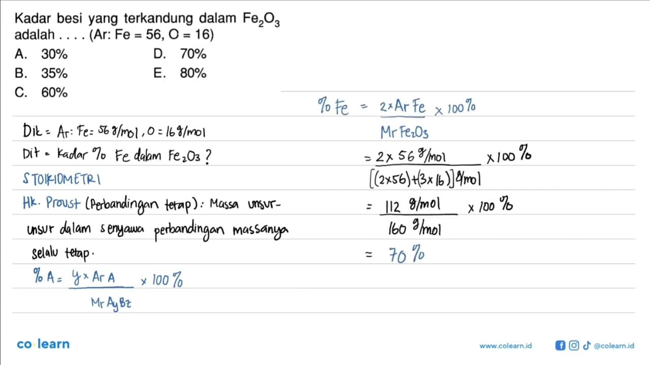 Kadar besi yang terkandung dalam Fe2O3 adalah...(Ar:Fe=56,