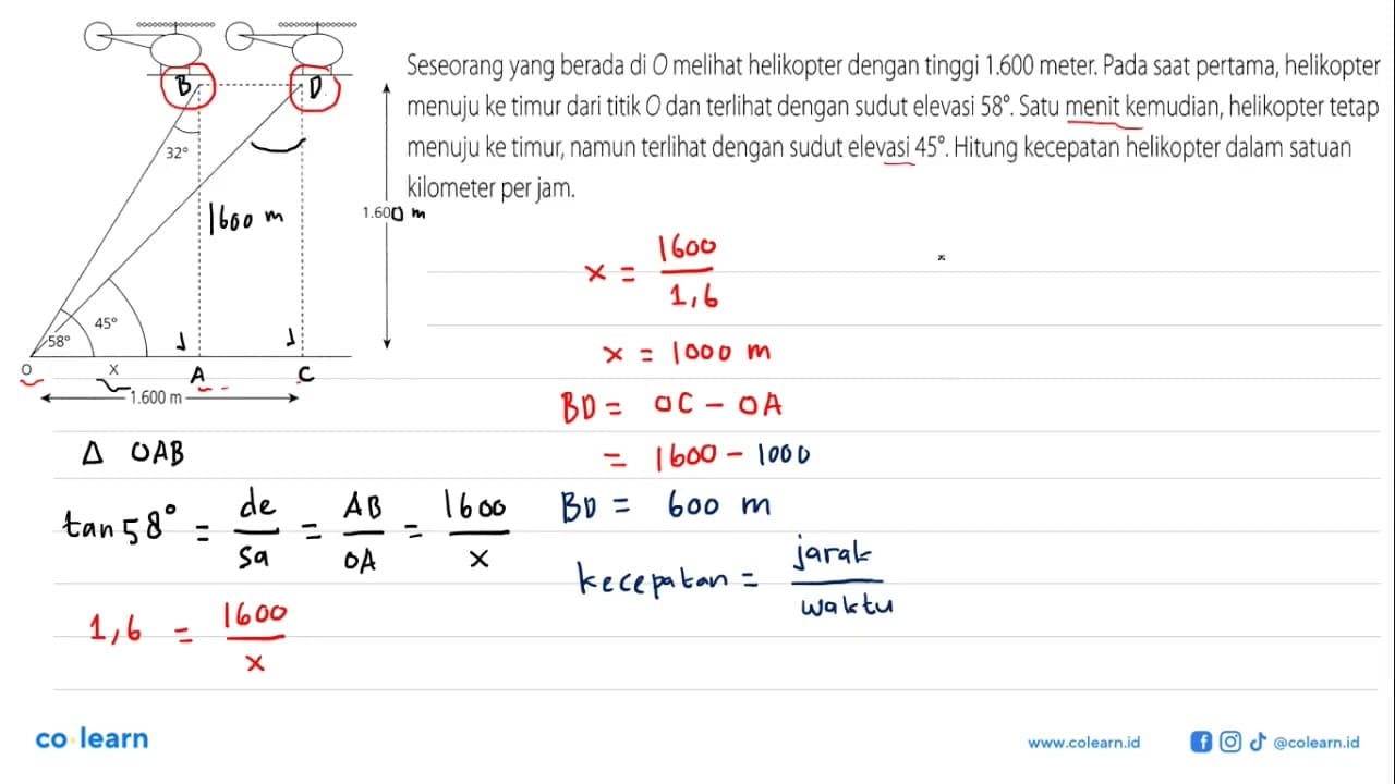 Seseorang yang berada di O melihat helikopter dengan tinggi