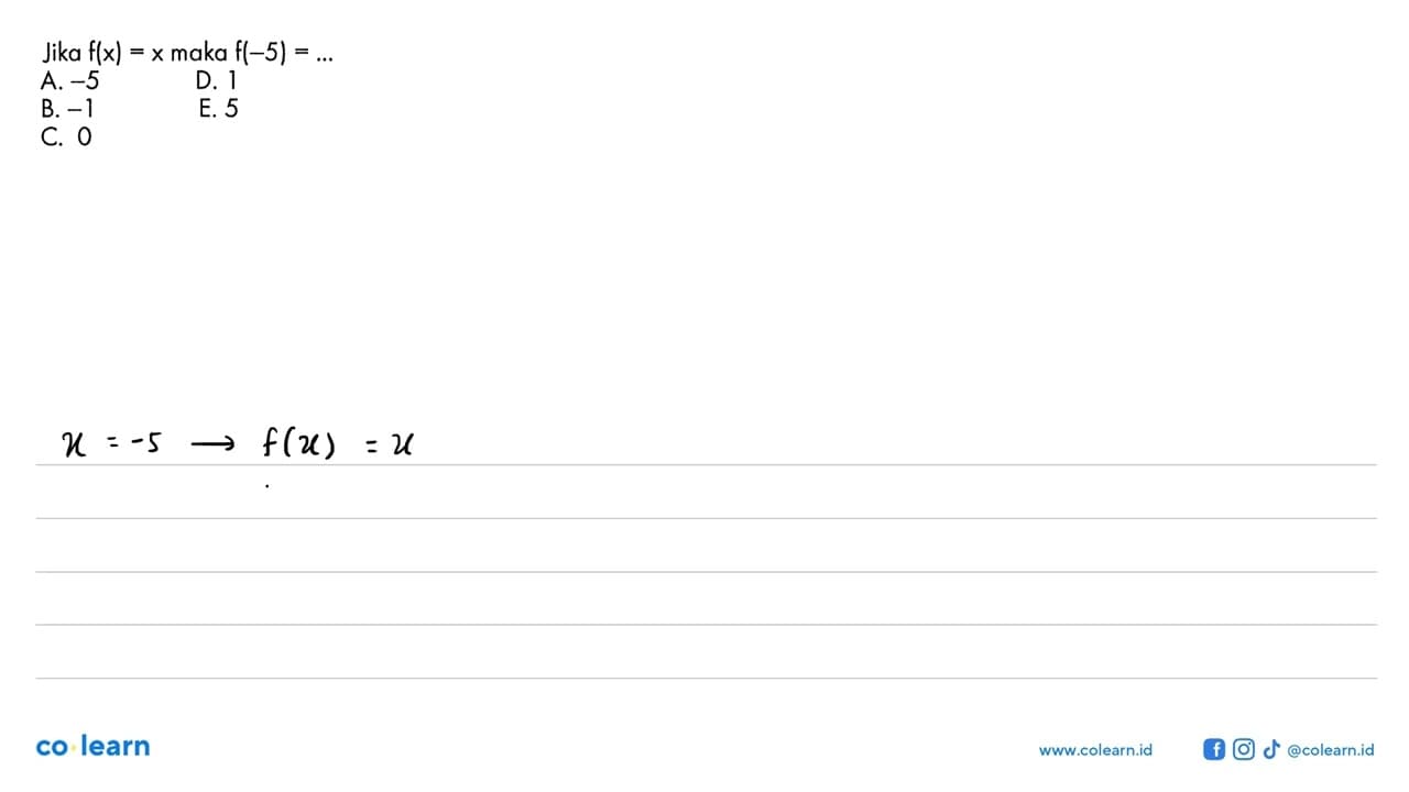 Jika f(x)=x maka f(-5)=....