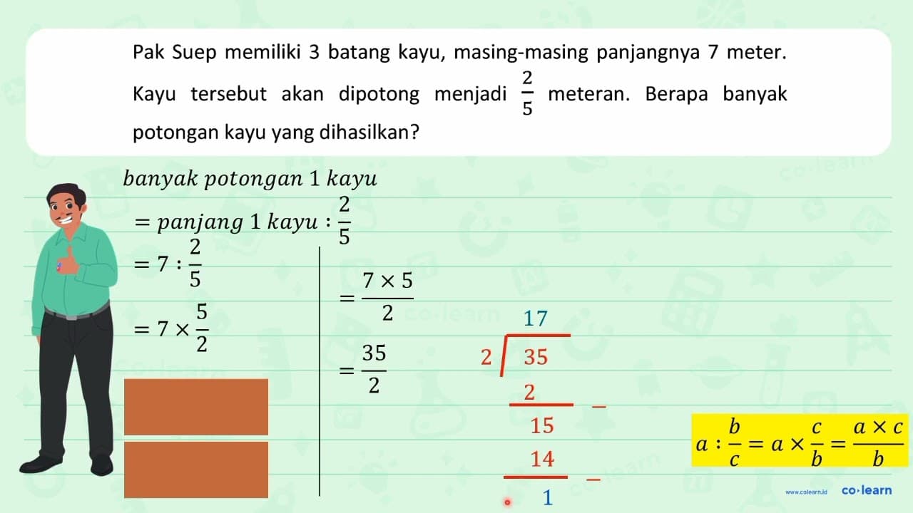 Pak Suep memiliki 3 batang kayu, masing-masing panjangnya 7