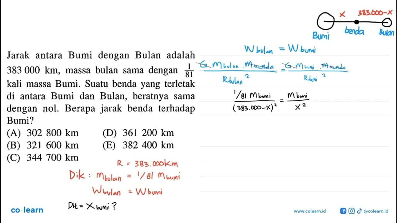 Jarak antara Bumi dengan Bulan adalah 383000 km, massa