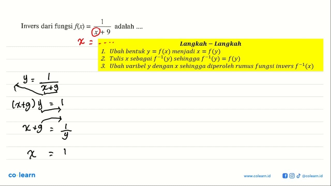 Invers dari fungsi f(x)=1/(x+9) adalah ....