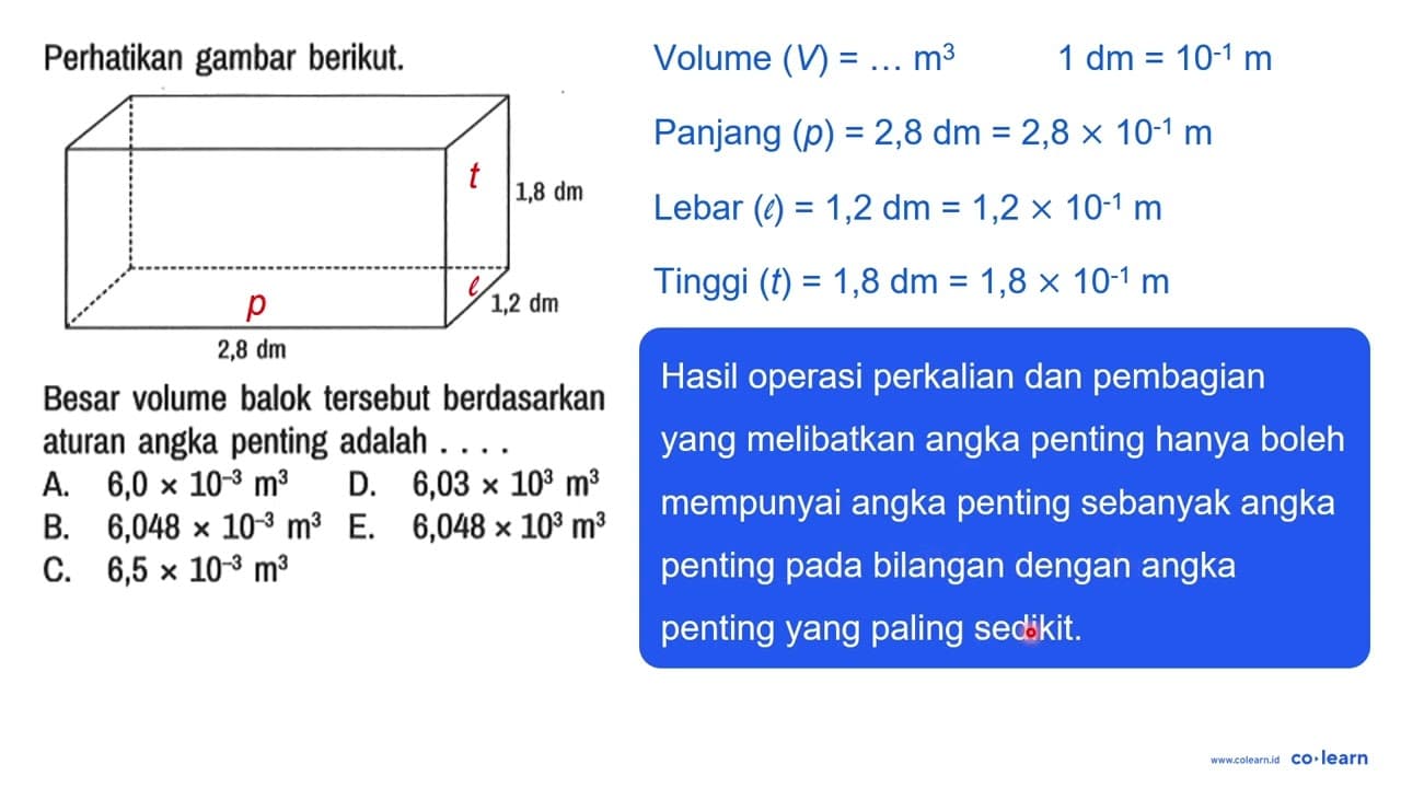 Perhatikan gambar berikut. 1,8 dm 1,2 dm 2,8 dm Besar