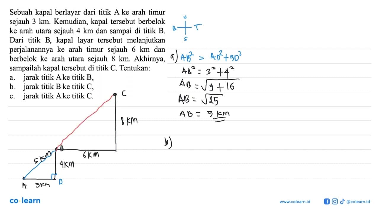 Sebuah kapal berlayar dari titik A ke arah timur sejauh 3