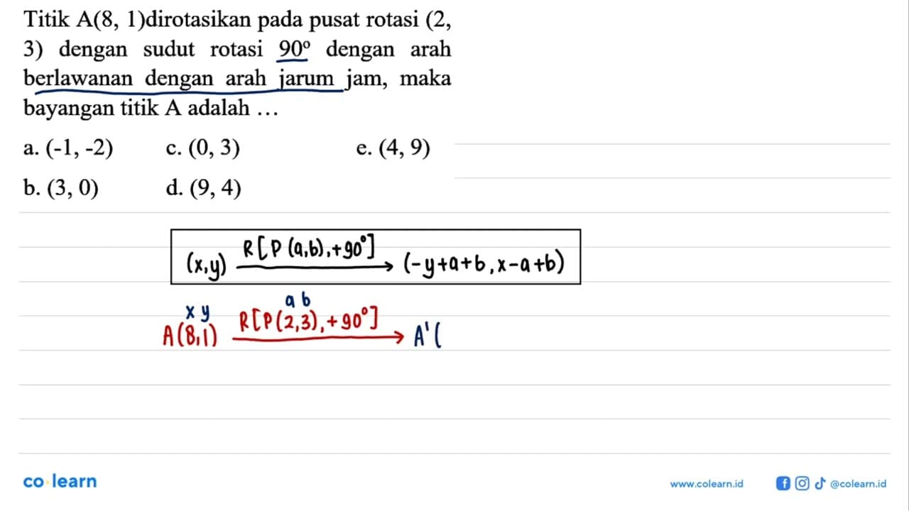 Titik A(8, 1) dirotasikan pada pusat rotasi (2, 3) dengan