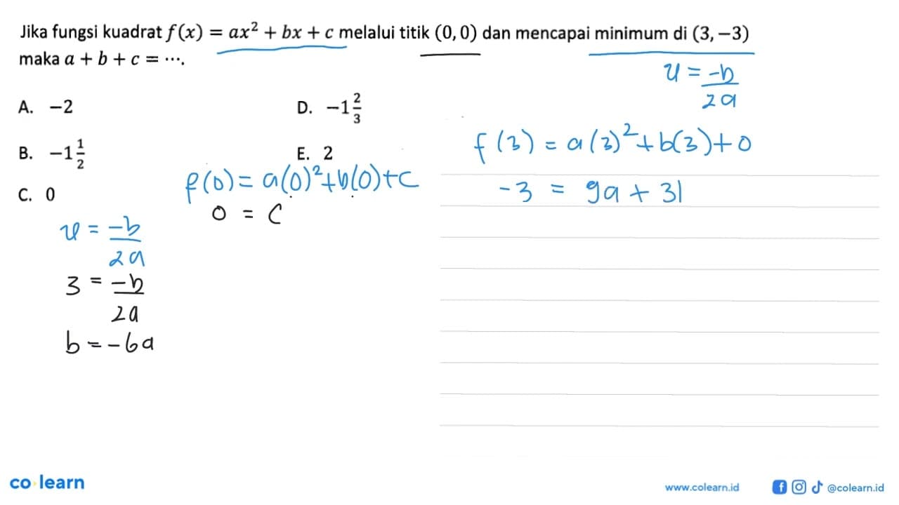 Jika fungsi kuadrat f(x)=a x^2+b x+c melalui titik (0,0)