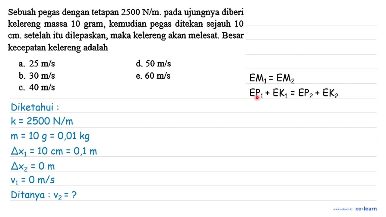 Sebuah pegas dengan tetapan 2500 N / m . pada ujungnya