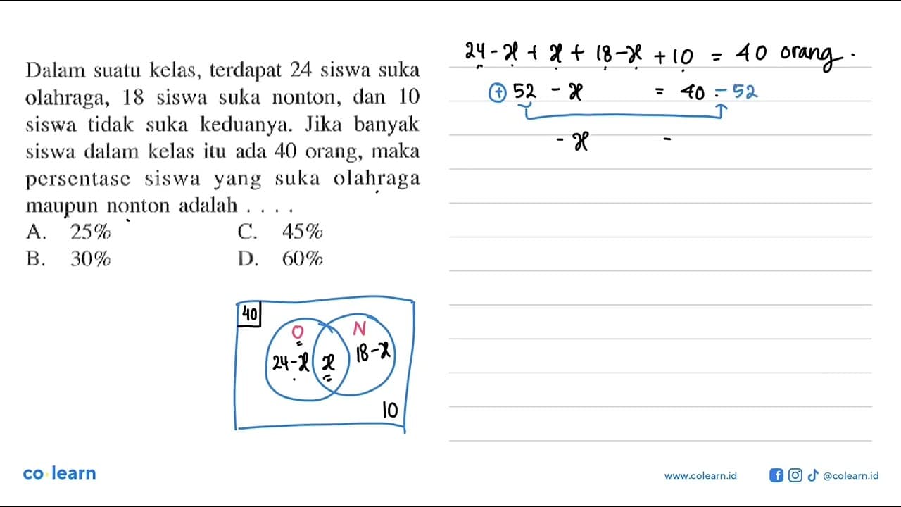 Dalam suatu kelas, terdapat 24 siswa suka olahraga, 18