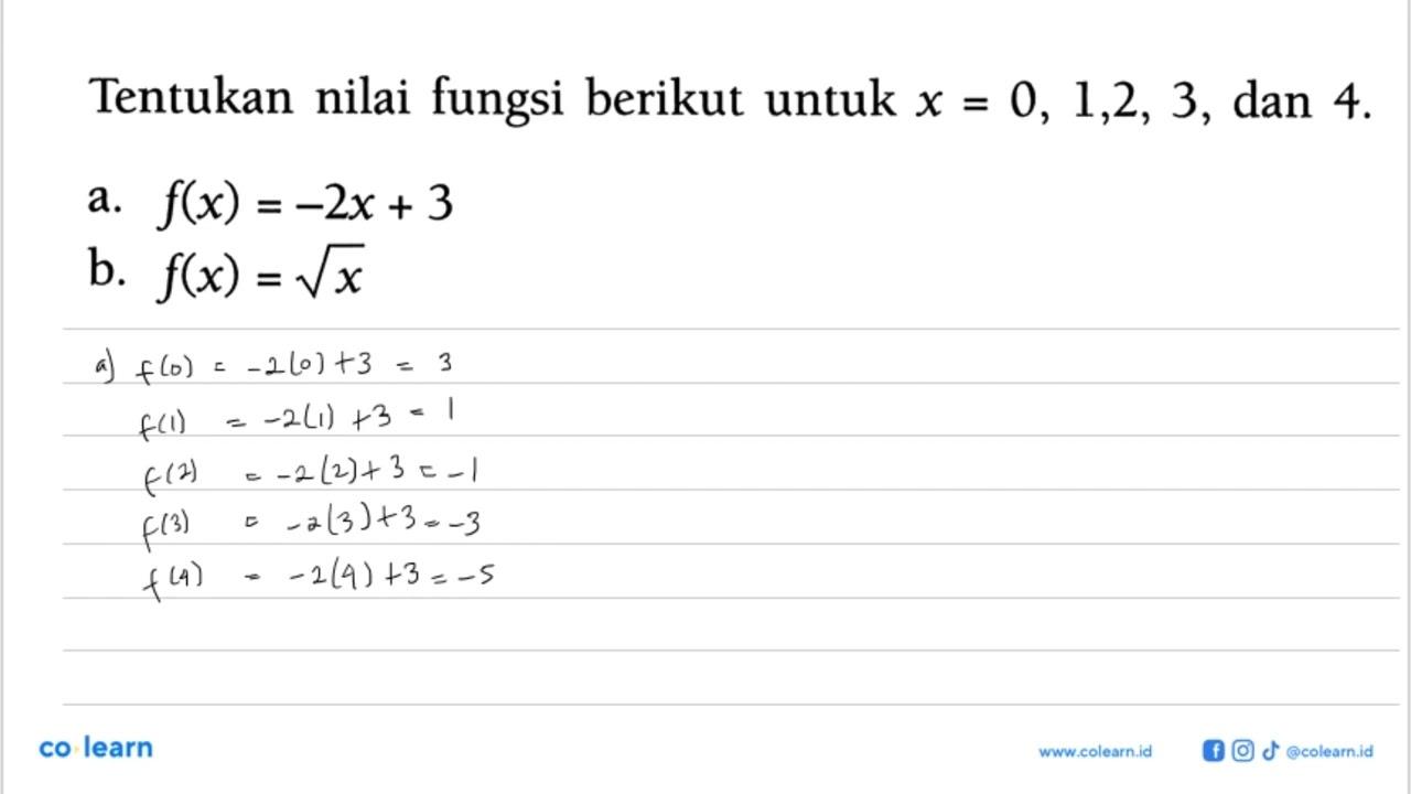 Tentukan nilai fungsi berikut untuk x = 0, 1,2, 3, dan 4.