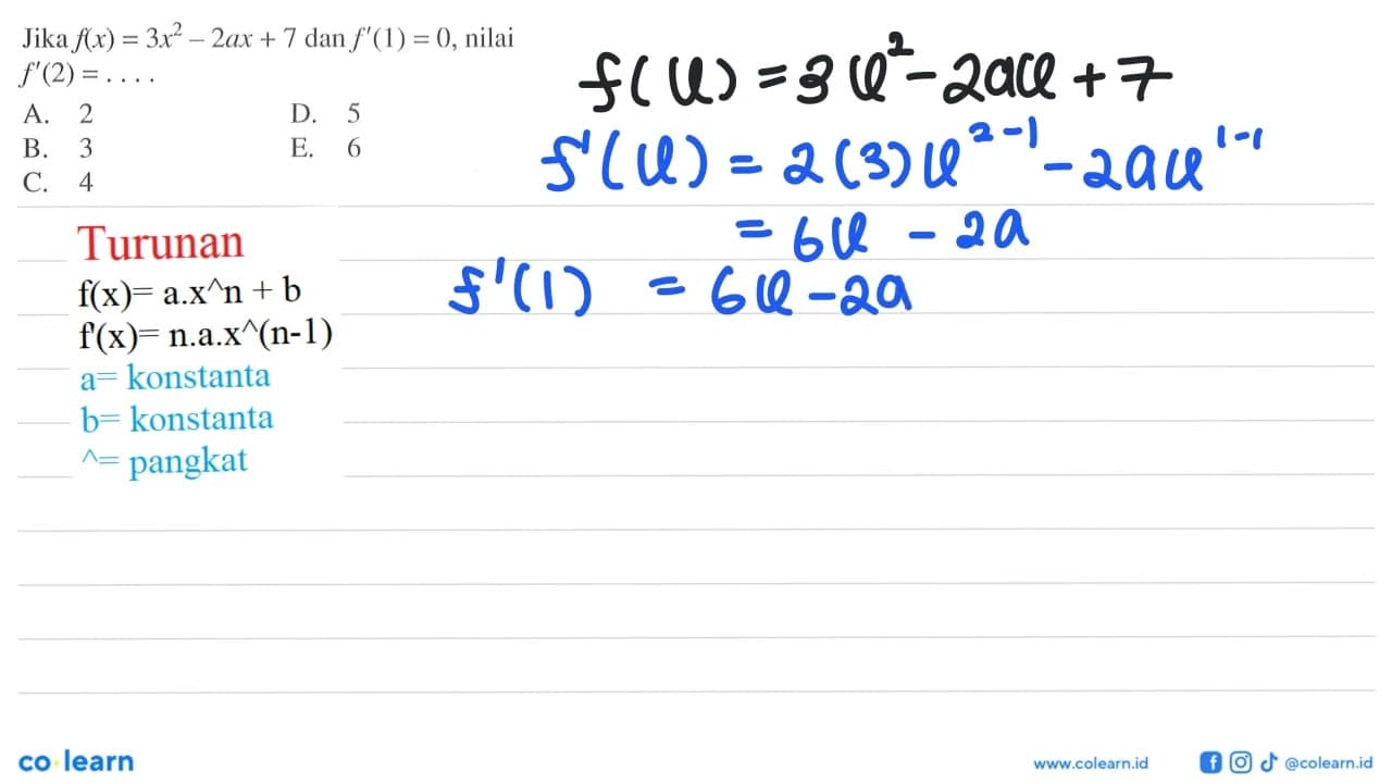 Jika f(x)=3x^2-2ax+7 dan f'(1)=0, nilai f'(2)=....