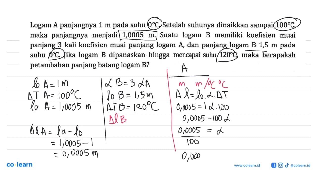 Logam A panjangnya 1 m pada suhu 0C. Setelah suhunya