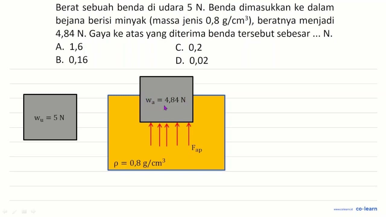 Berat sebuah benda di udara 5 ~N . Benda dimasukkan ke