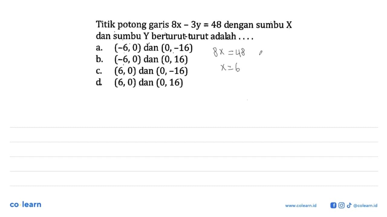 titik potong garis 8x - 3y = 48 dengan sumbu X dan sumbu Y