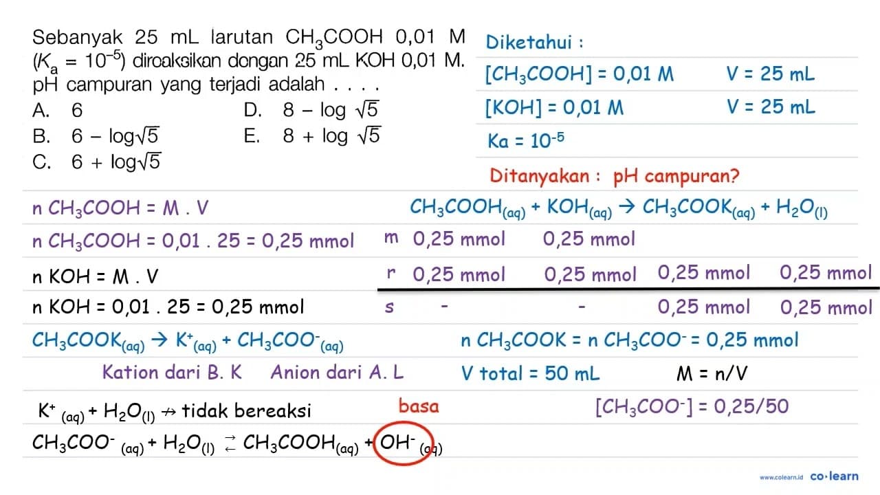 Sebanyak 25 ~mL larutan CH_(3) COOH 0,01 M (K_(a)=10^(-5))