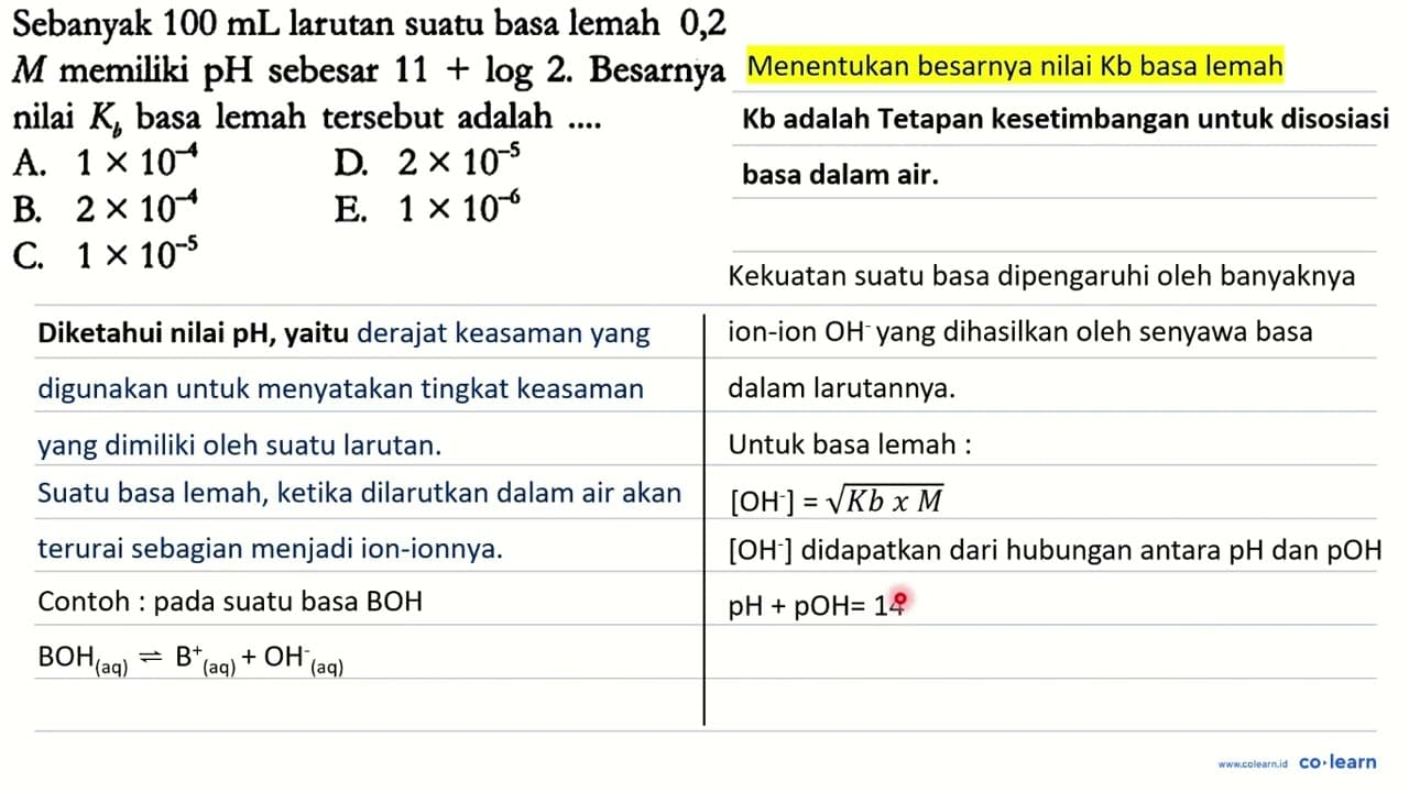 Sebanyak 100 mL larutan suatu basa lemah 0,2 M memiliki pH