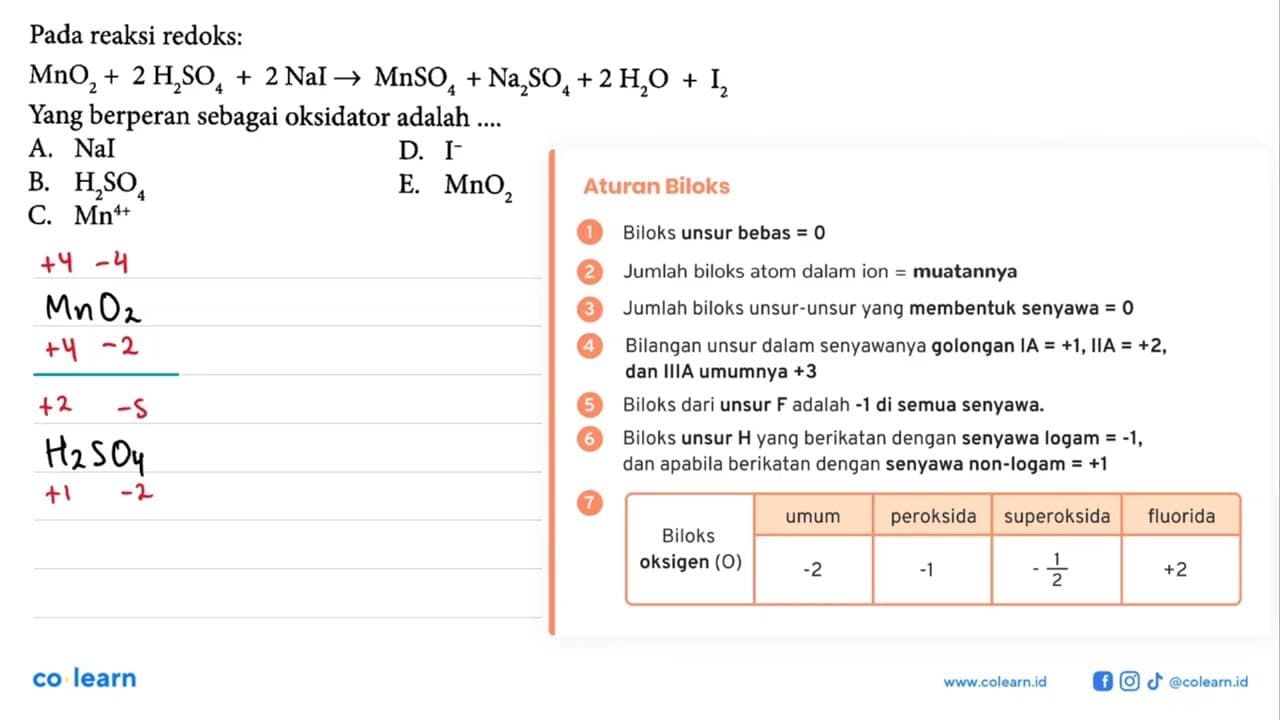 Pada reaksi redoks: MnO2+2H2SO4+2NaI ->