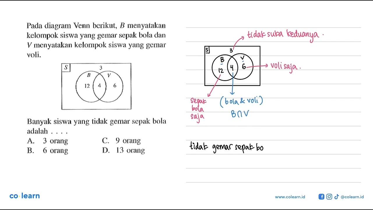 Pada diagram Venn berikut, B menyatakan kelompok siswa yang