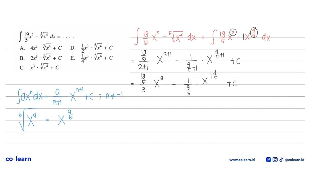 integral 19/5 x^2-x^(4/5) dx=....