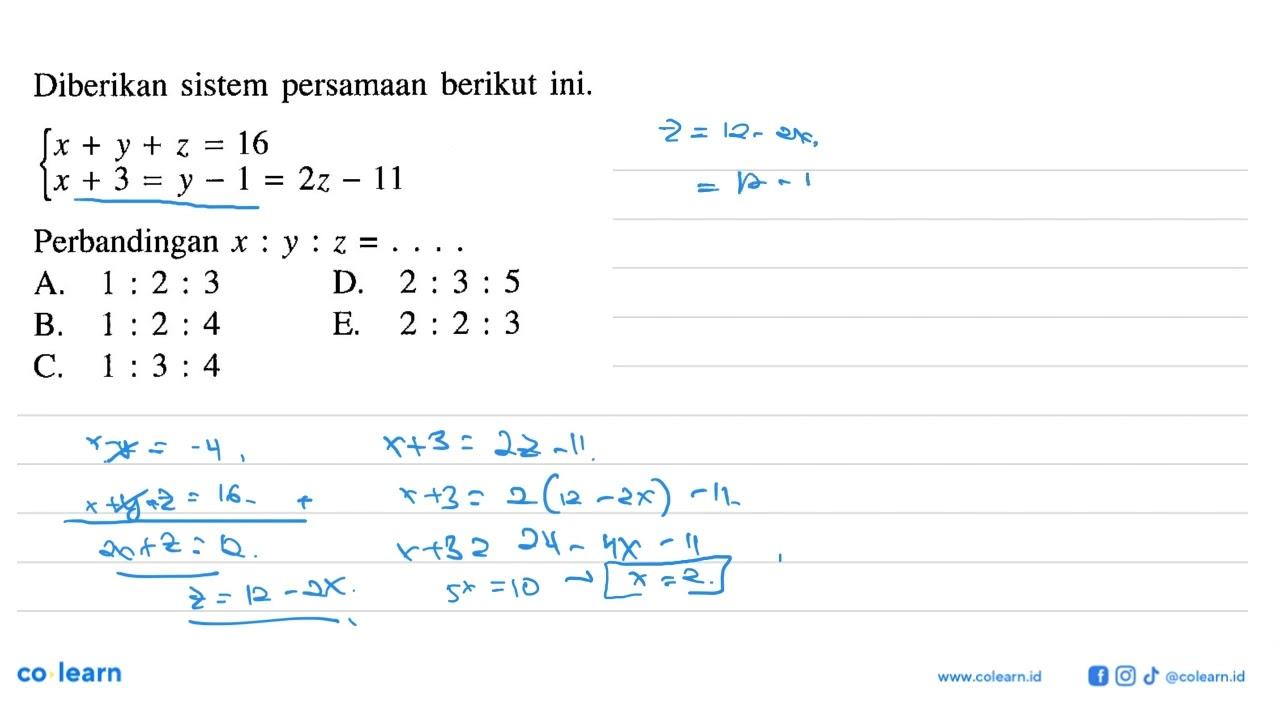 Diberikan sistem persamaan berikut ini. x+y+z=16