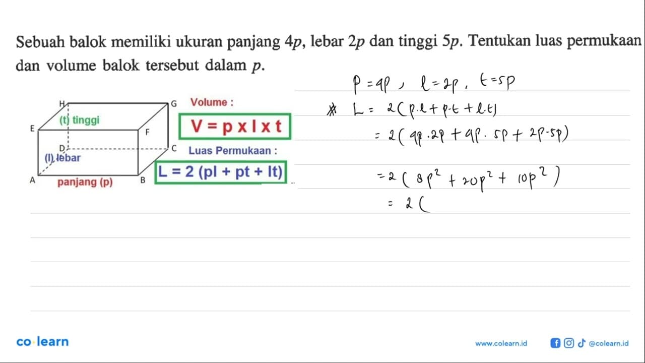 Sebuah balok memiliki ukuran panjang 4p, lebar 2p dan