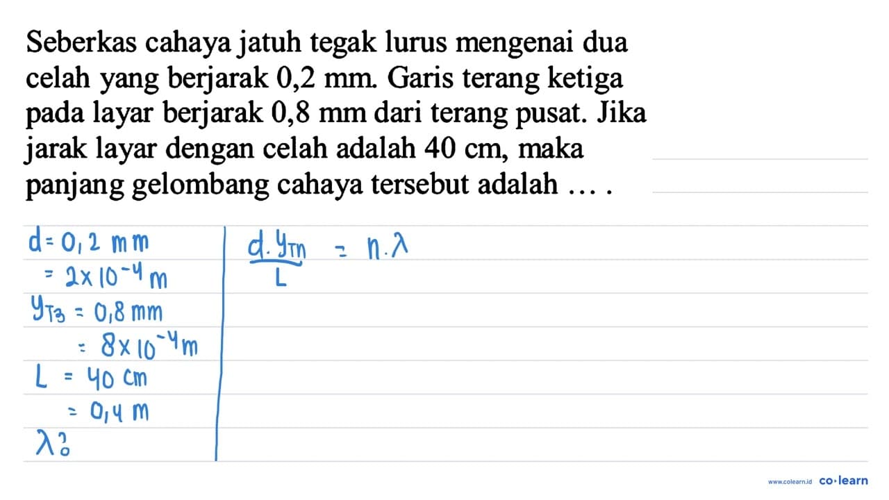 Seberkas cahaya jatuh tegak lurus mengenai dua celah yang